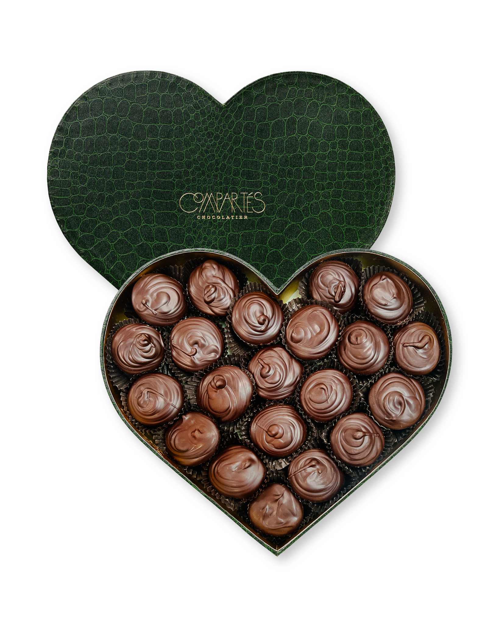 Compartes gourmet Dubai chocolate pistachio knafeh cups, deep green croc print heart gift box, chocolate gift