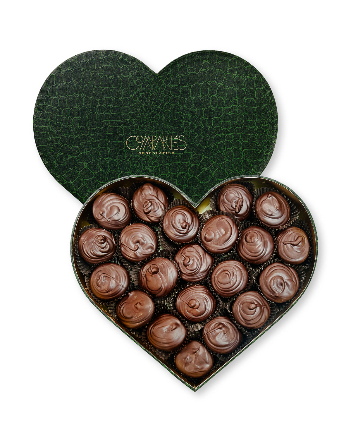 Compartes gourmet Dubai chocolate pistachio knafeh cups, deep green croc print heart gift box, chocolate gift