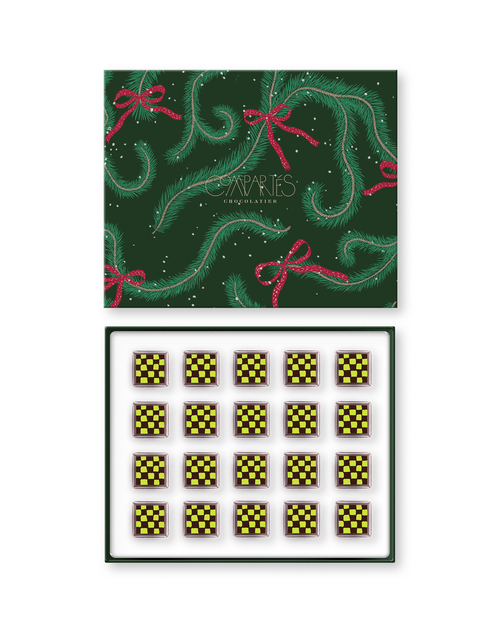 Compartes gourmet Dubai chocolate pistachio bites in a green pine print gift box, squares in deep yellow checks, knafeh