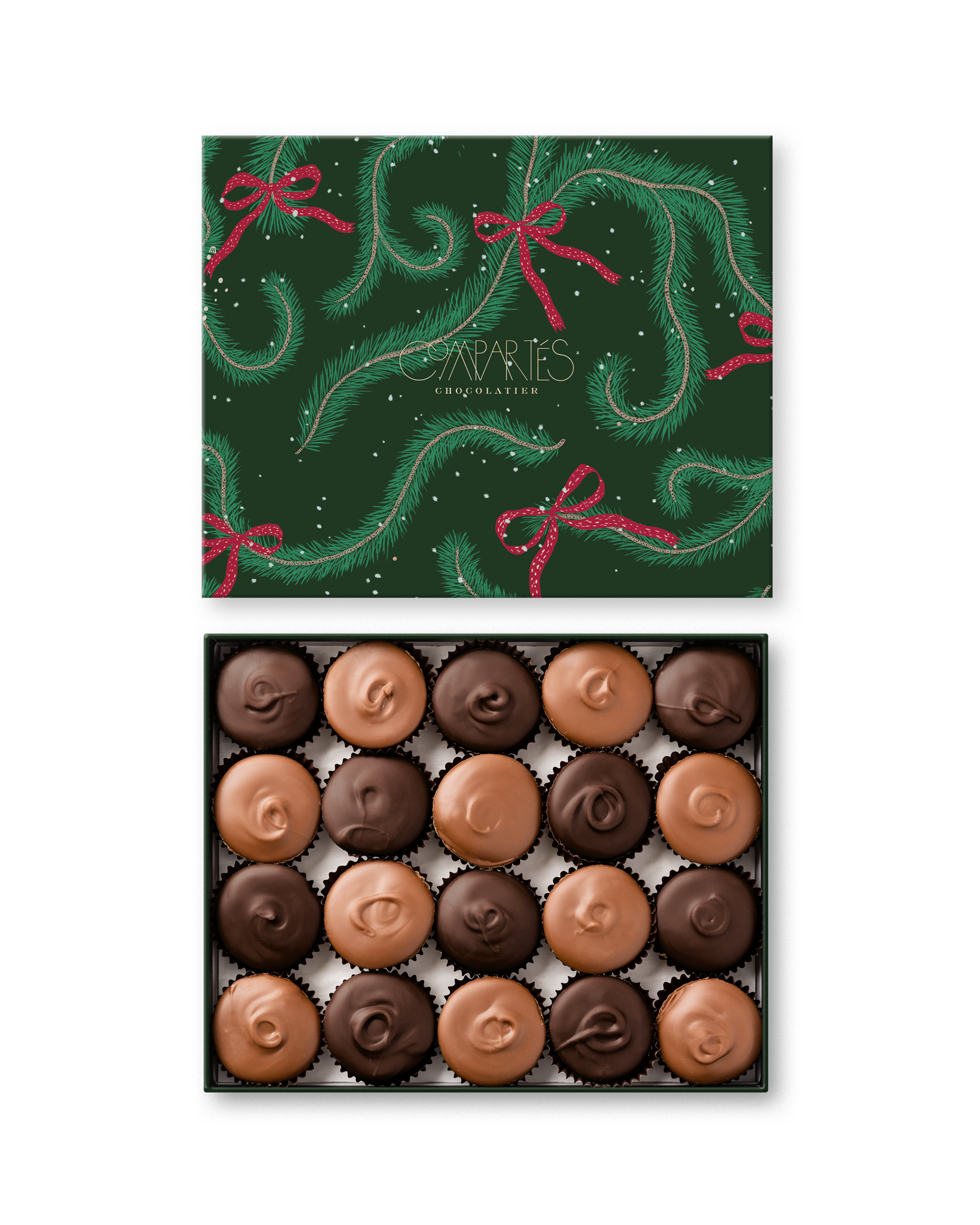 Compartes luxury Dubai chocolate pistachio knafeh cups, Christmas pine and red ribbon lid, chocolate gift
