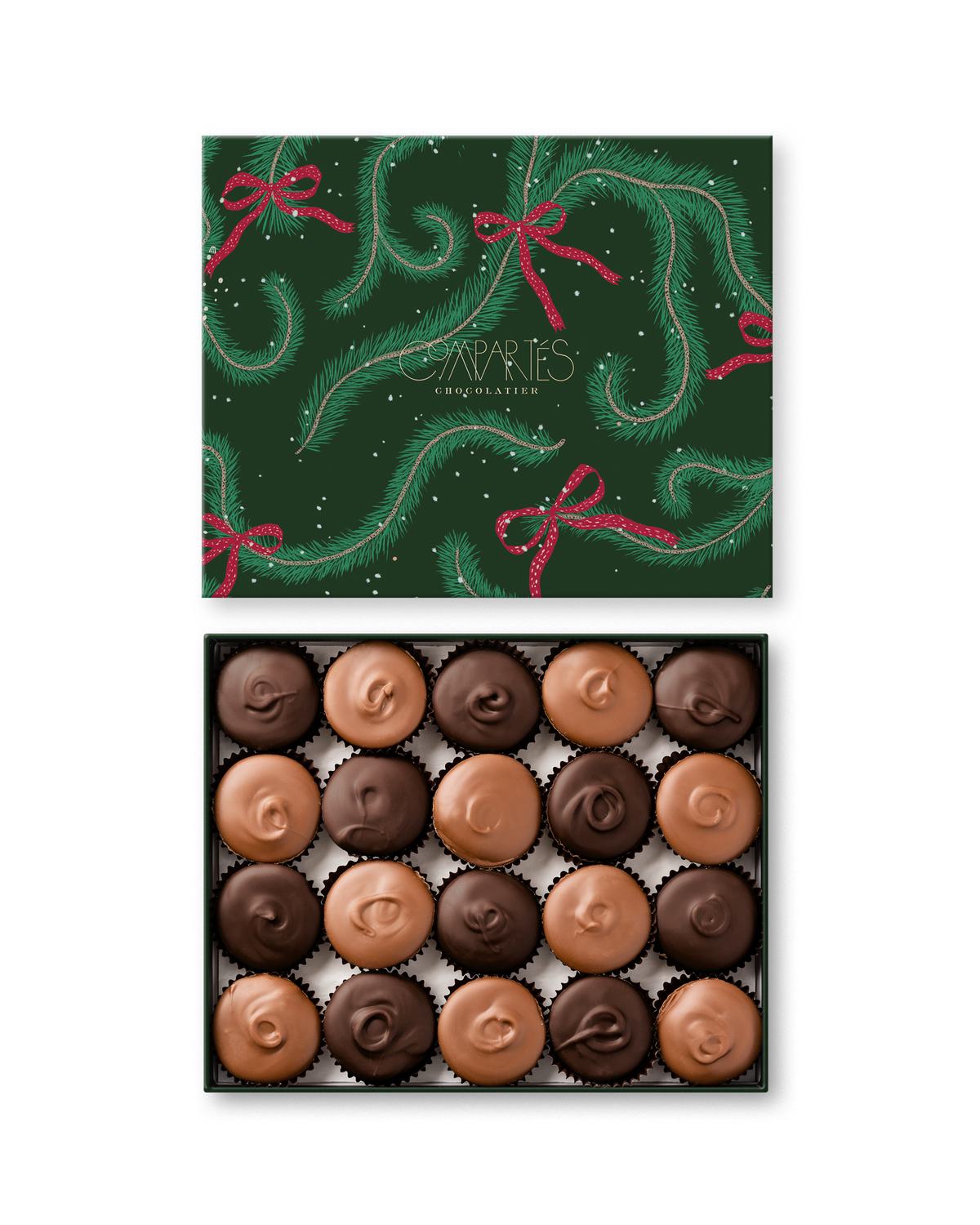 Compartes luxury Dubai chocolate pistachio knafeh cups, Christmas pine and red ribbon lid, chocolate gift