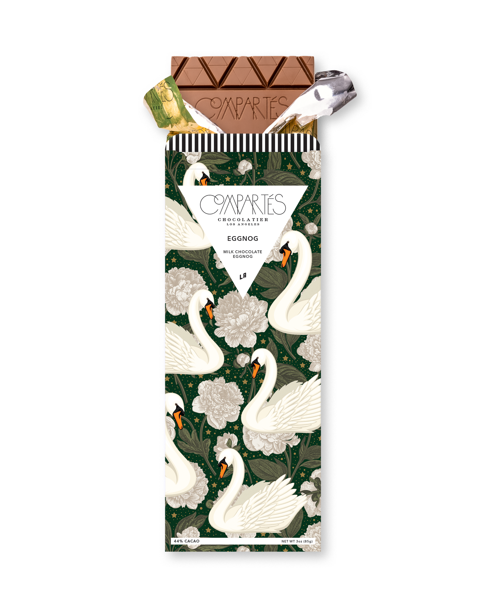 Compartes luxury eggnog chocolate gift bar, swan and peony wrapper in deep green, milk chocolate, nutmeg