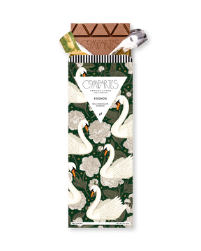 Compartes luxury eggnog chocolate gift bar, swan and peony wrapper in deep green, milk chocolate, nutmeg