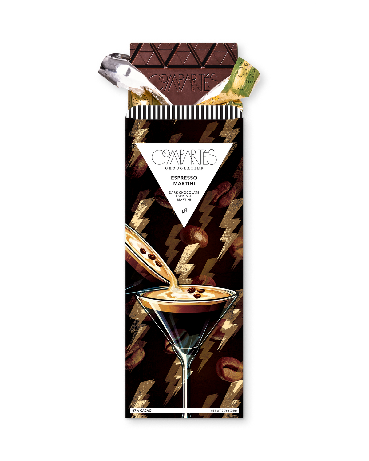 Compartes best espresso martini chocolate bar gift, dark chocolate in a martini glass and gold bolt wrapper, vodka