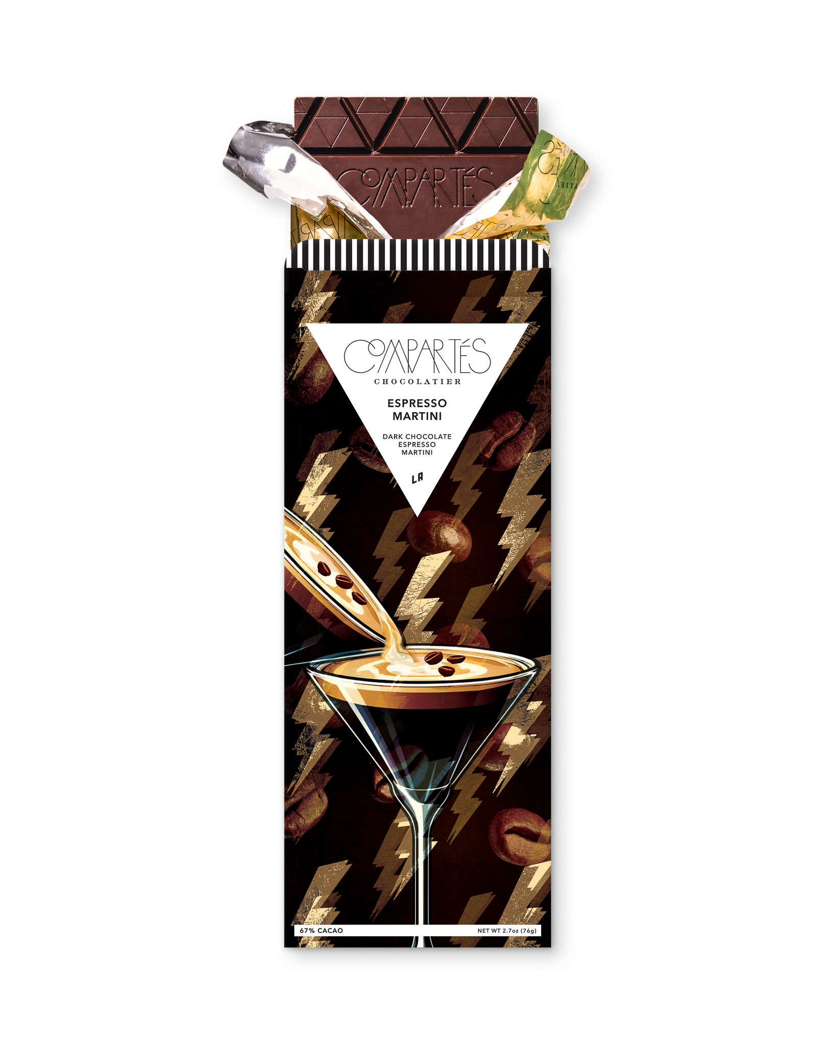 Compartes best espresso martini chocolate bar gift, dark chocolate in a martini glass and gold bolt wrapper, vodka