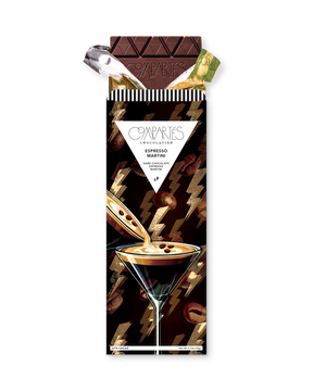 Compartes best espresso martini chocolate bar gift, dark chocolate in a martini glass and gold bolt wrapper, vodka
