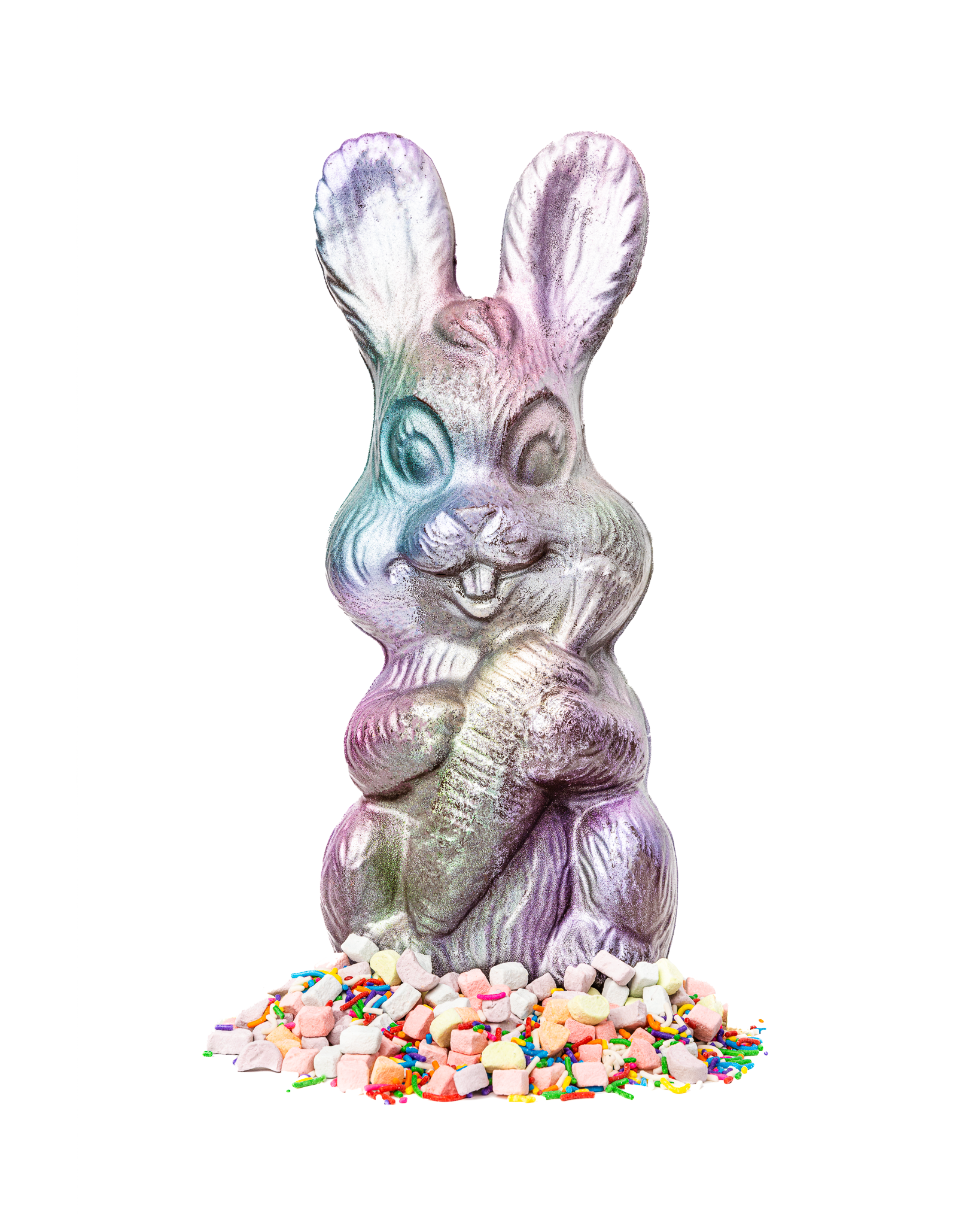 Compartes best chocolate Easter bunny gift, pink and silver finish, marshmallows and sprinkles at its feet