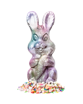 Compartes best chocolate Easter bunny gift, pink and silver finish, marshmallows and sprinkles at its feet