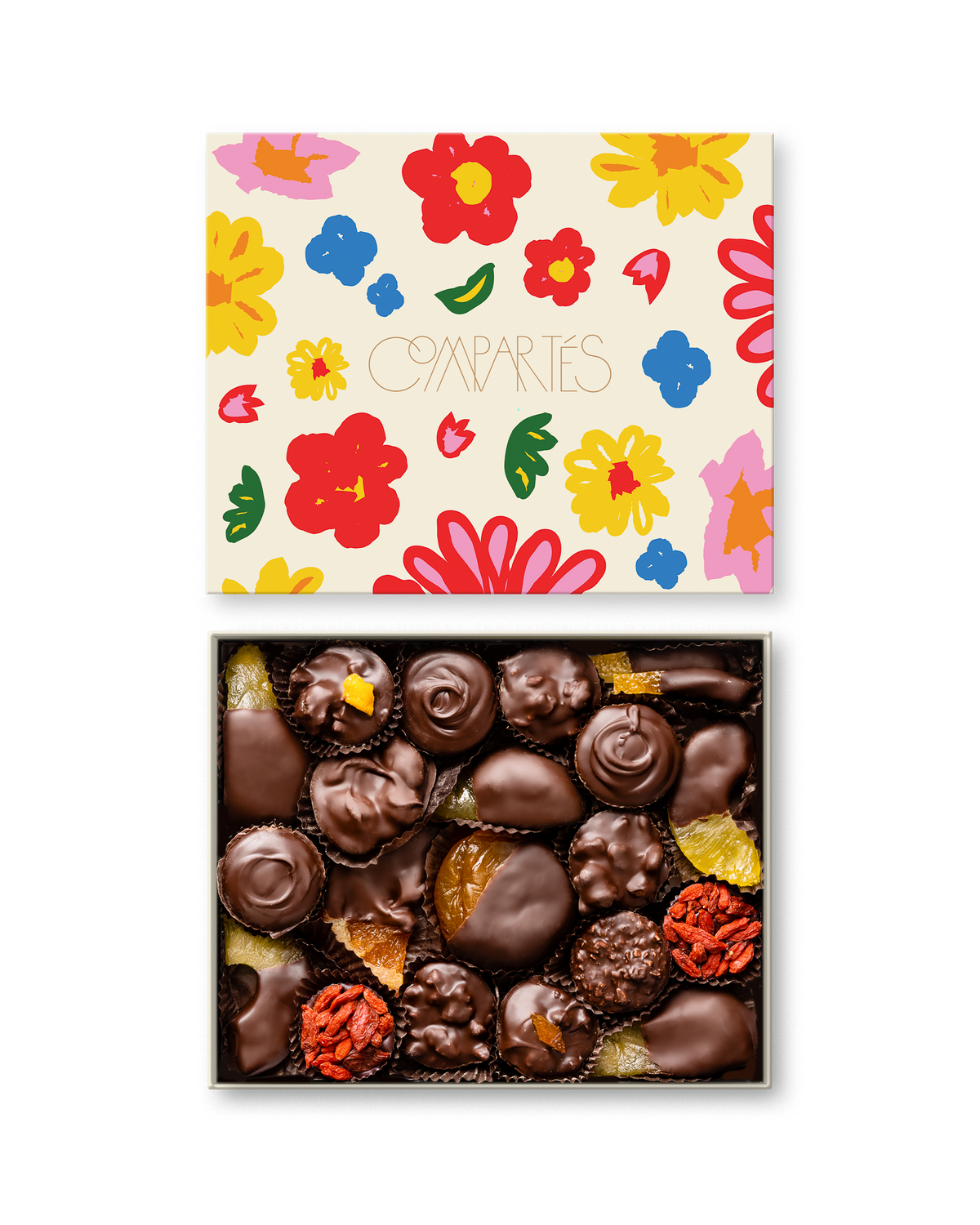 Compartes luxury chocolate gift box, vegan dark chocolate dipped fruit under a cream floral lid
