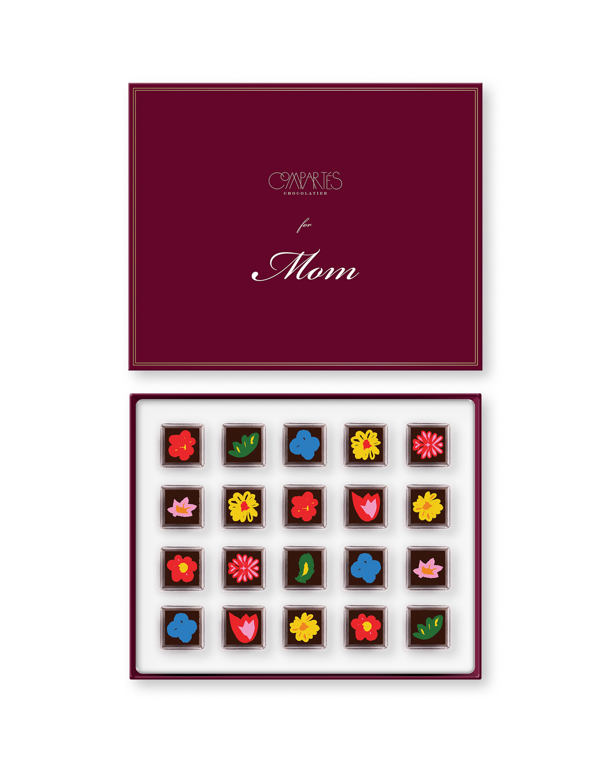 Compartes luxury floral truffles gift box, chocolate flowers in rich red and pink on dark squares
