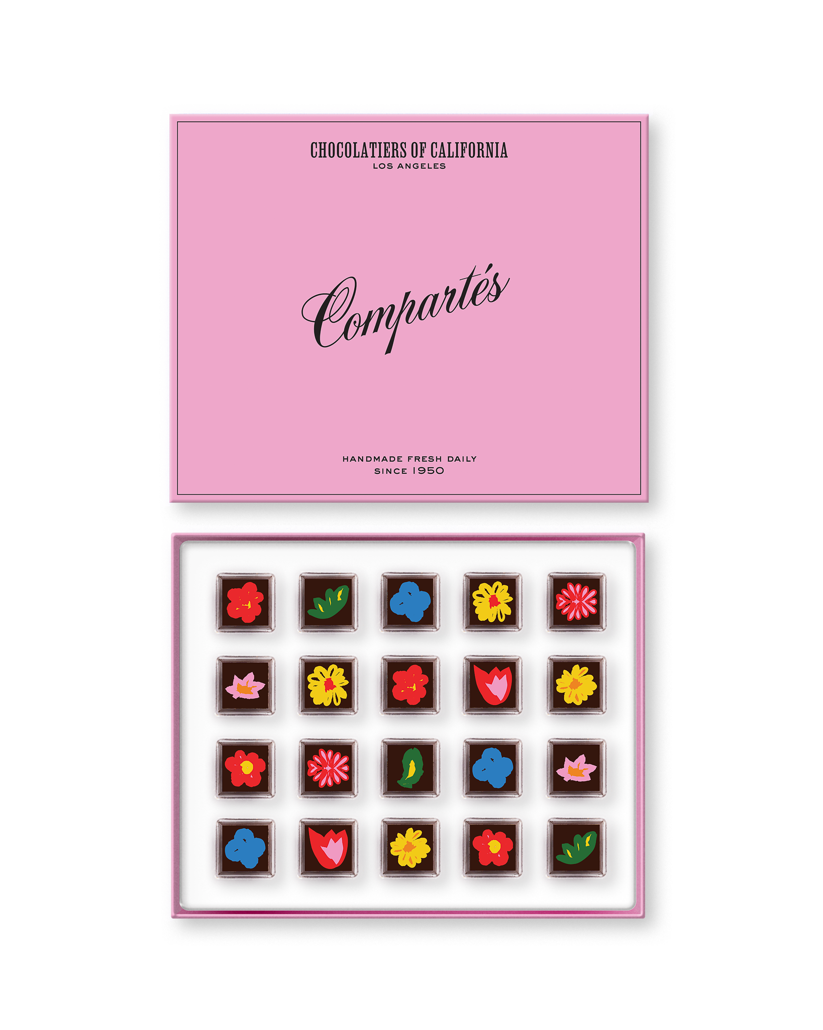 Compartes luxury floral chocolate truffles in a pink gift box, squares topped with flower designs
