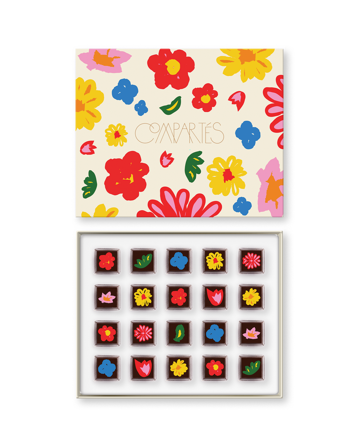 Compartes luxury floral truffles gift box, cream lid with flower art, chocolates topped with flower designs