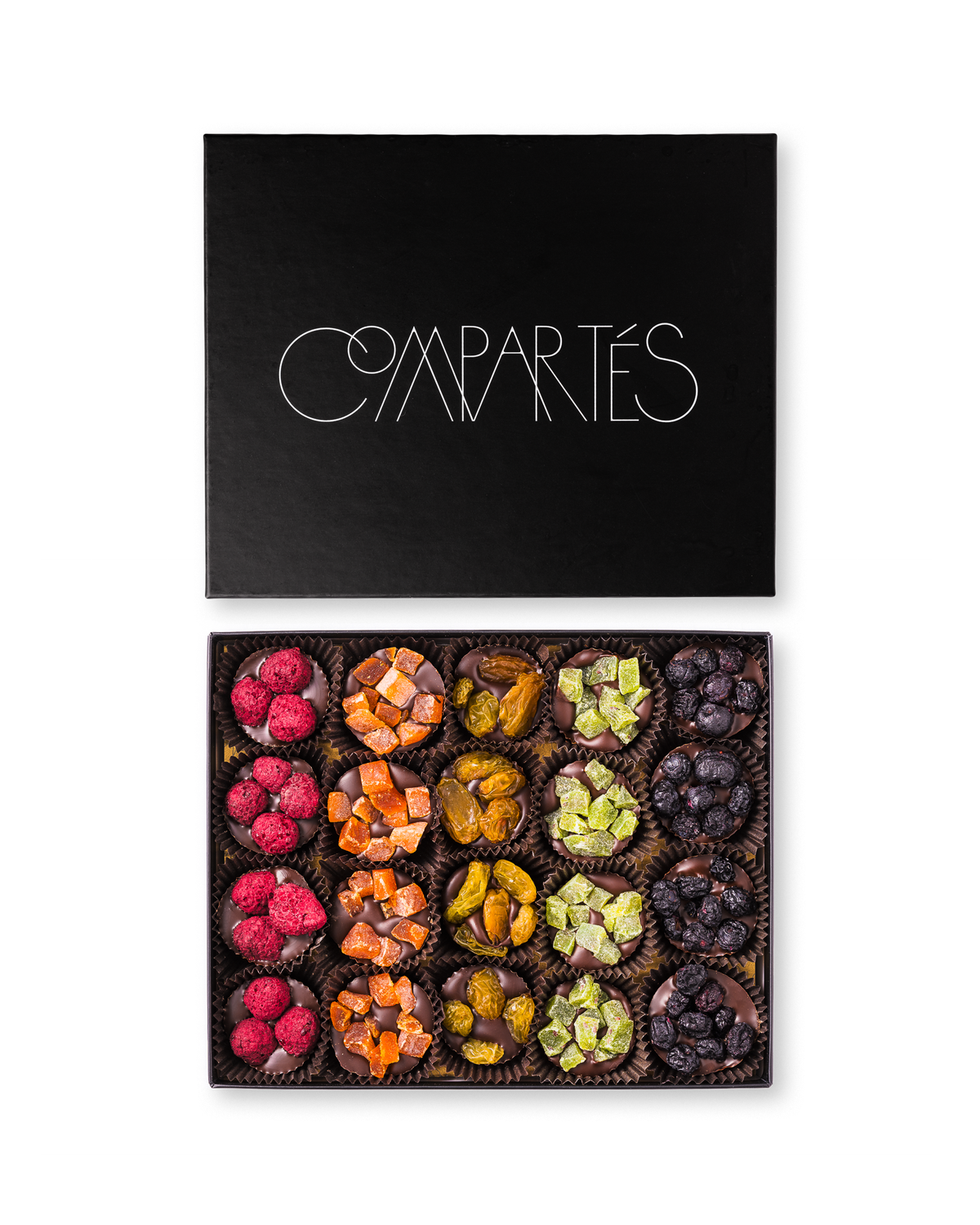 Compartes best fruit clusters Vegan chocolate gift box, dark chocolate with raspberries, apricot and dates
