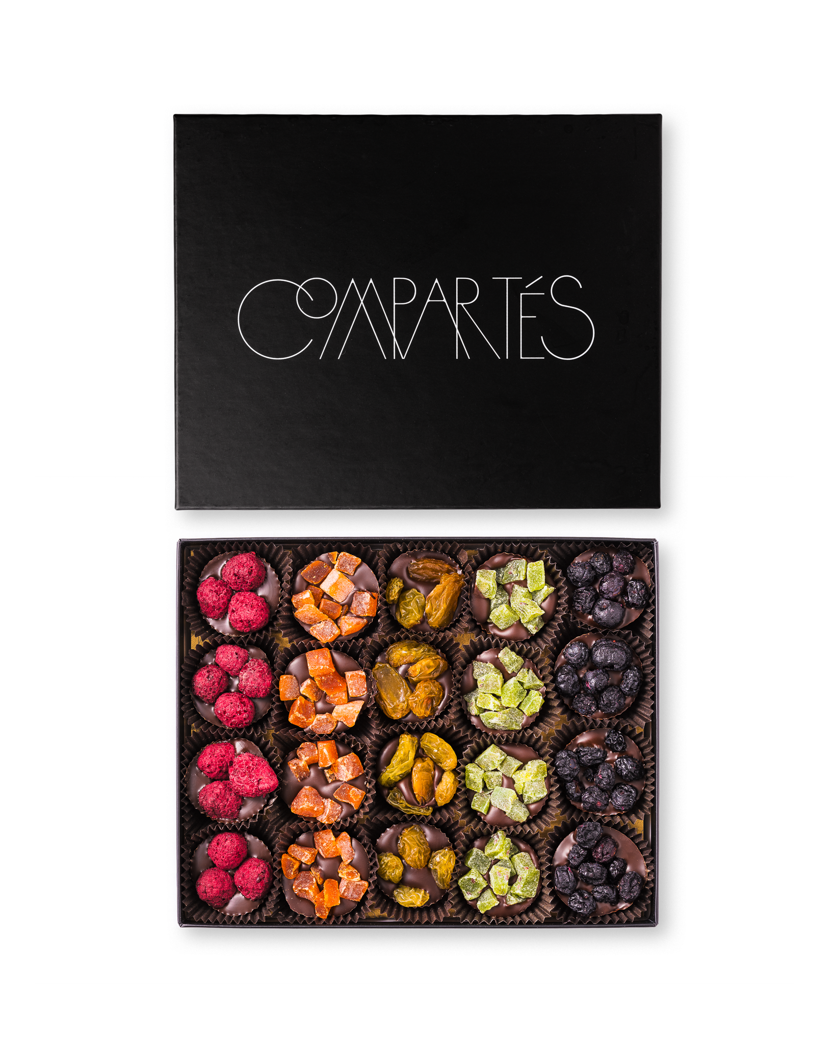 Compartes best fruit clusters Vegan chocolate gift box, dark chocolate with raspberries, apricot and dates