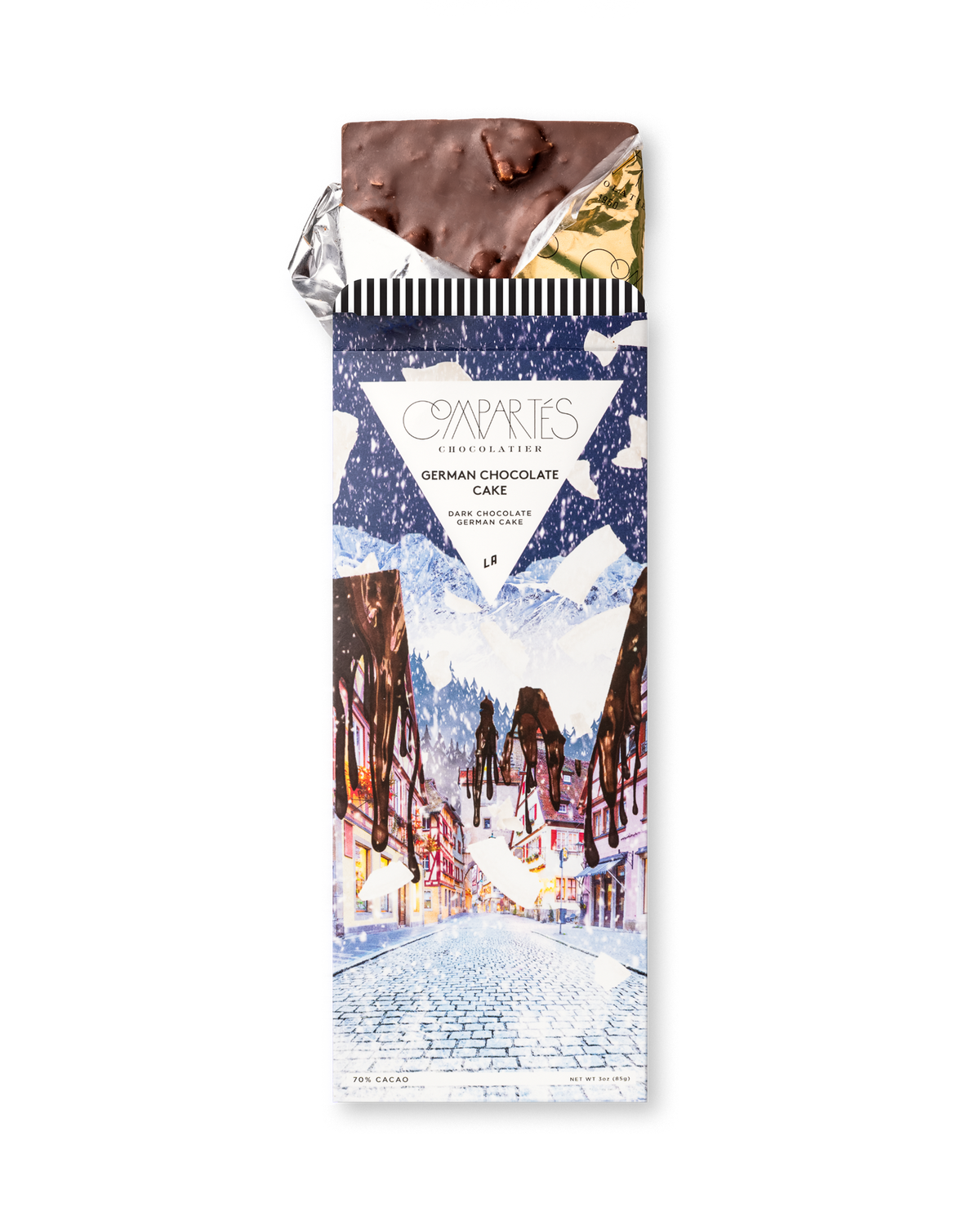 Compartes gourmet german chocolate cake gift bar, snowy village wrapper, dark chocolate with pecans, coconut