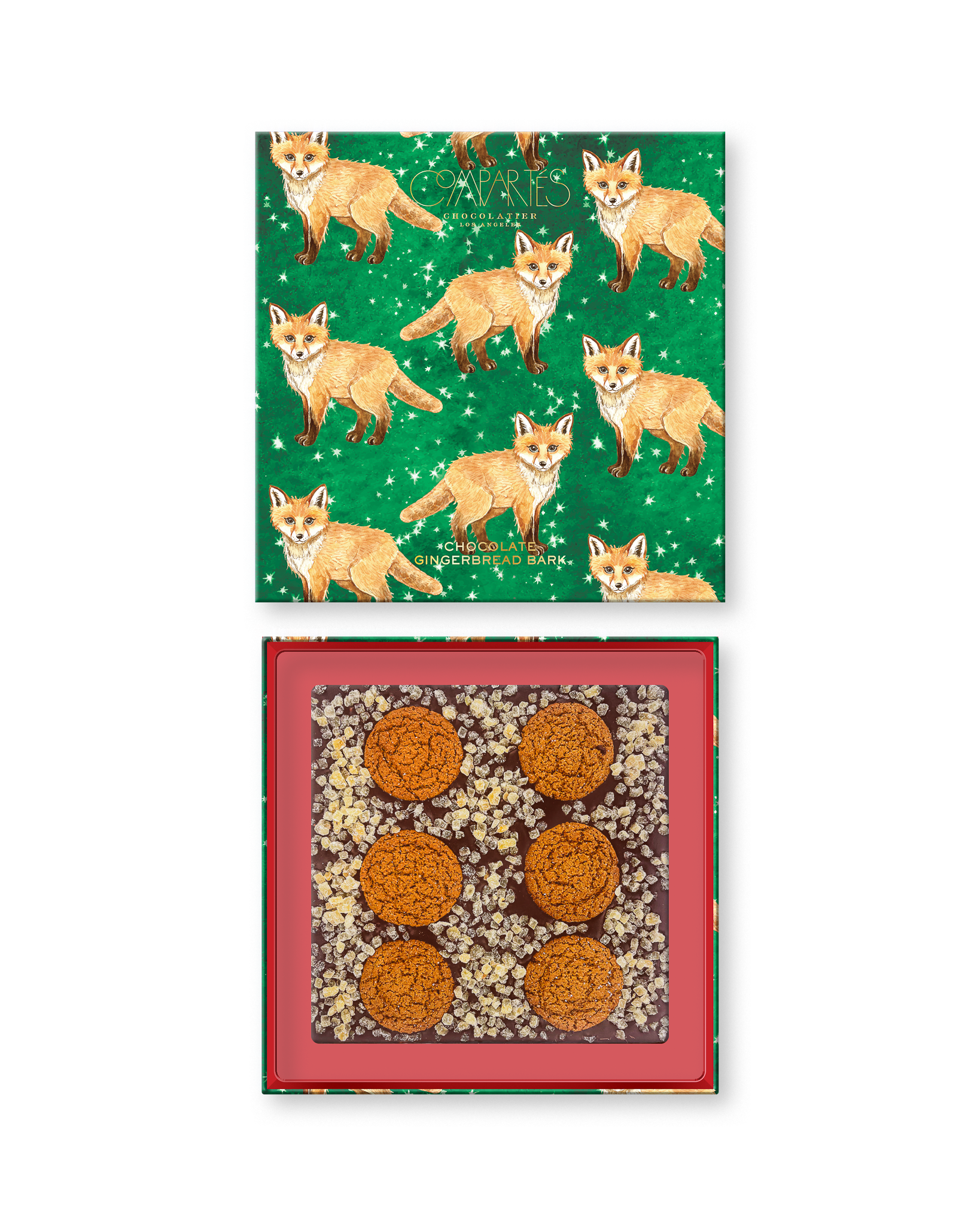 Compartes gingerbread bark chocolate luxury gift box, green fox lid and cookies set into the bark, crystallized ginger