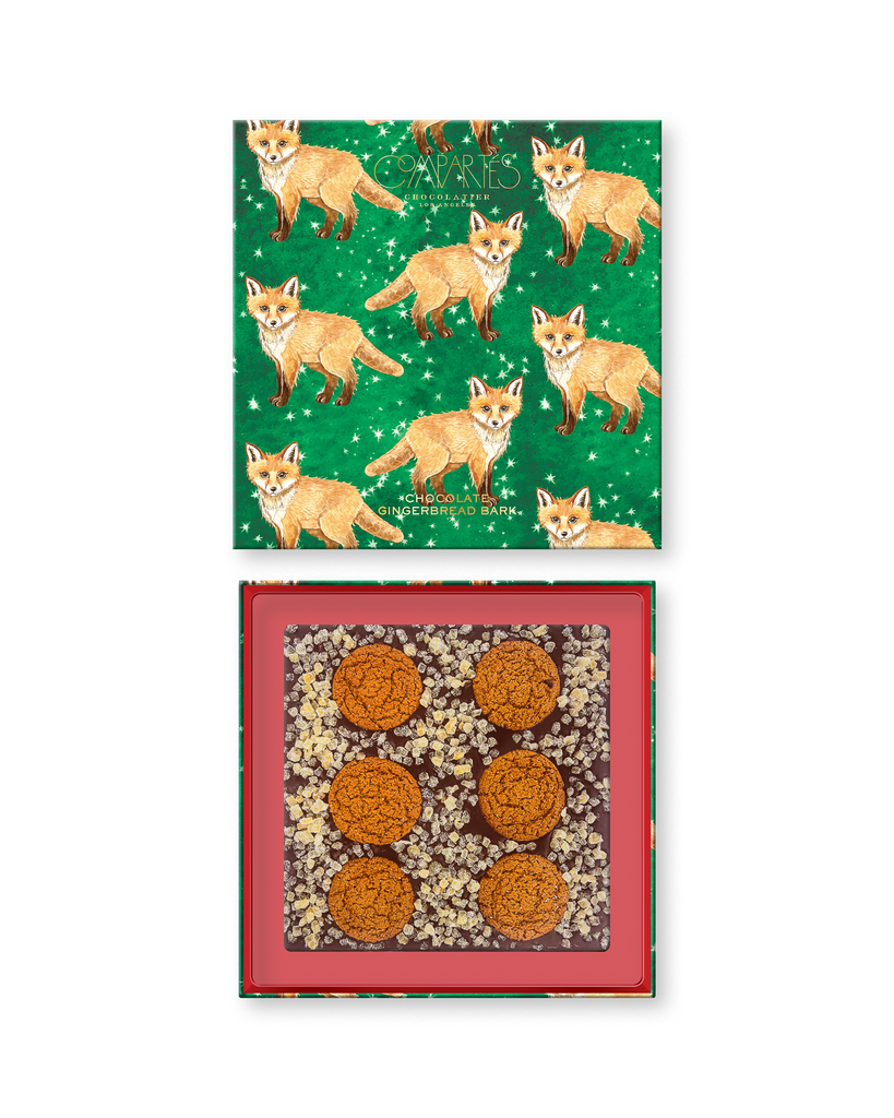 Compartes gingerbread bark chocolate luxury gift box, green fox lid and cookies set into the bark, crystallized ginger