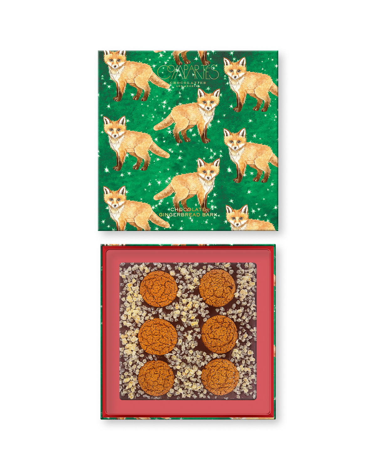 Compartes gingerbread bark chocolate luxury gift box, green fox lid and cookies set into the bark, crystallized ginger
