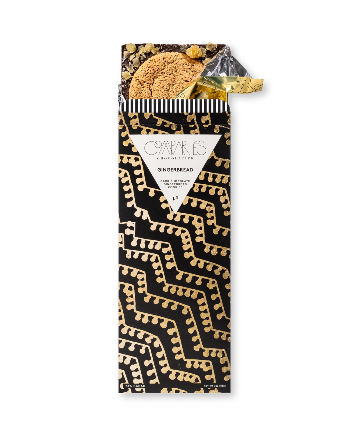 Compartes gourmet gingerbread cookies chocolate gift bar, black and gold wrapper, dark chocolate with cookies