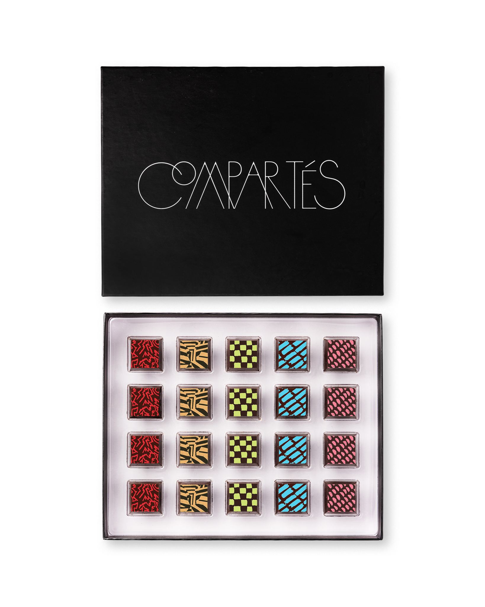Compartes gourmet gluten free chocolate truffles in a black gift box, squares in rich red, gold and blue patterns