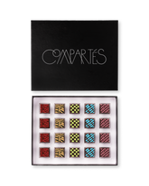 Compartes gourmet gluten free chocolate truffles in a black gift box, squares in rich red, gold and blue patterns