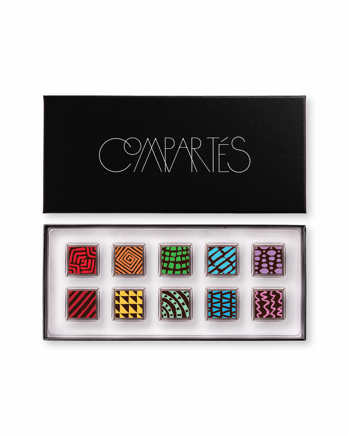 Compartes gourmet signature chocolate truffles in a black gift box, squares in rich red, green and blue patterns