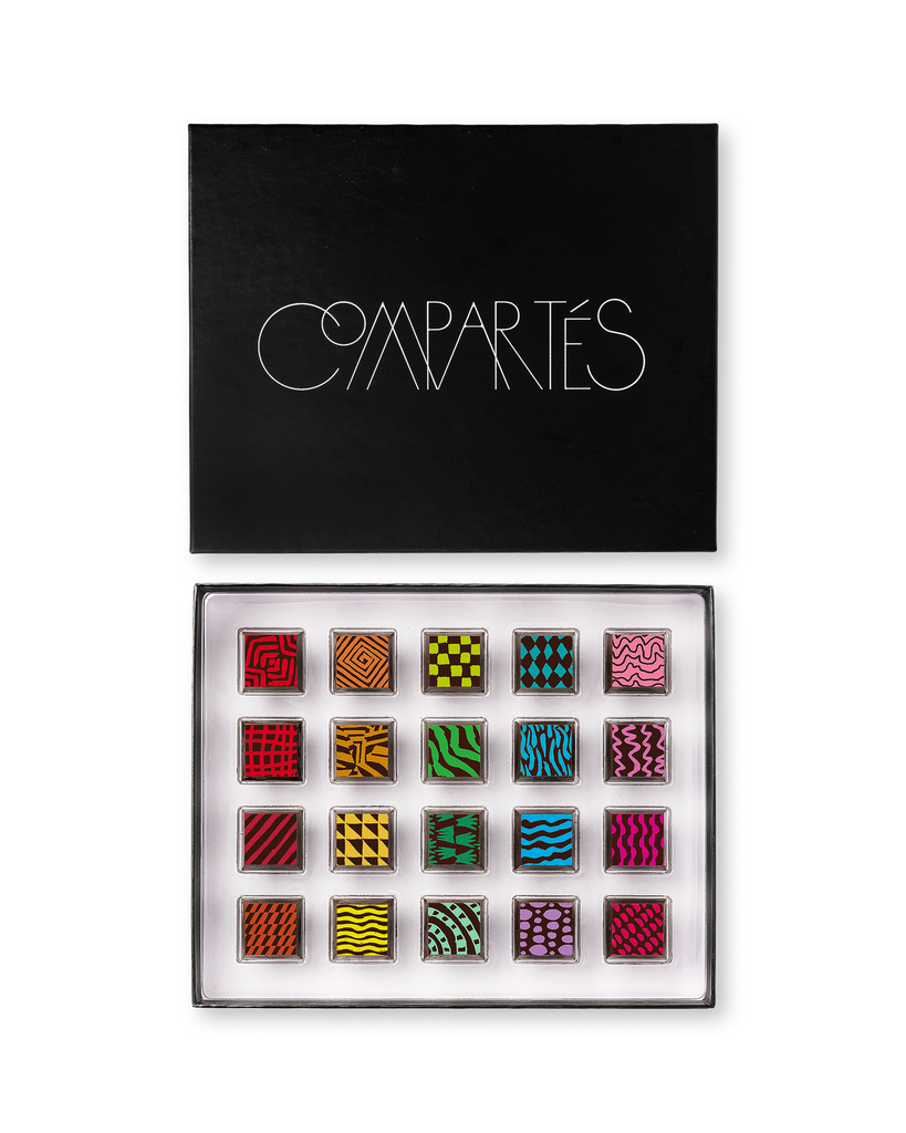 Compartes gourmet chocolate signature truffles gift box, patterned squares in rich red, green and pink
