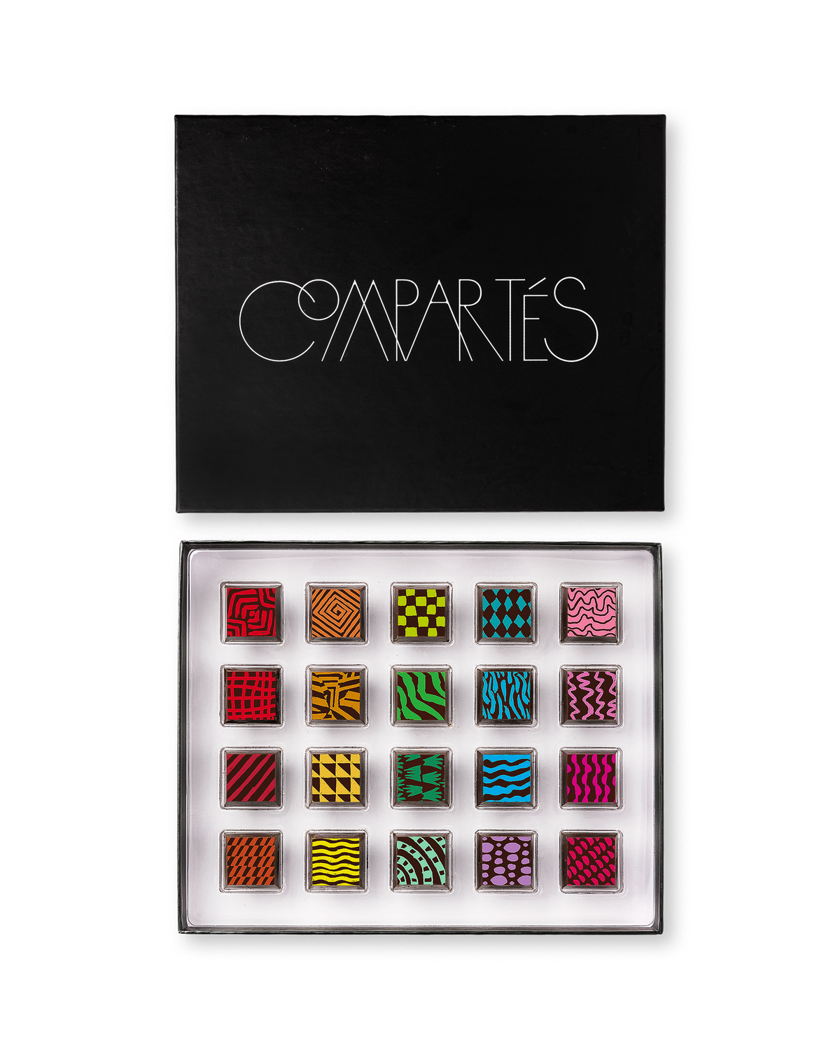 Compartes gourmet chocolate signature truffles gift box, patterned squares in rich red, green and pink