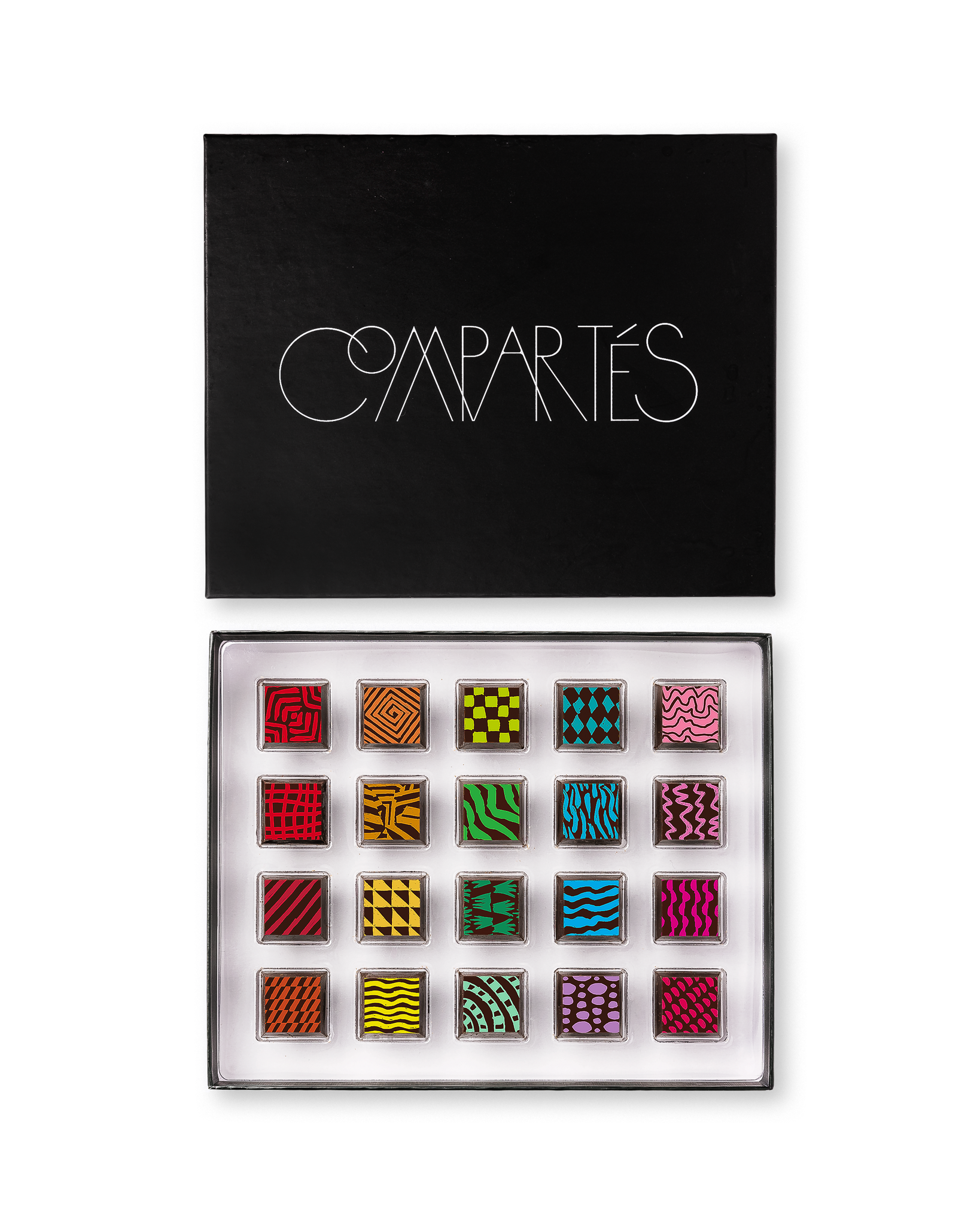 Compartes gourmet chocolate signature truffles gift box, patterned squares in rich red, green and pink