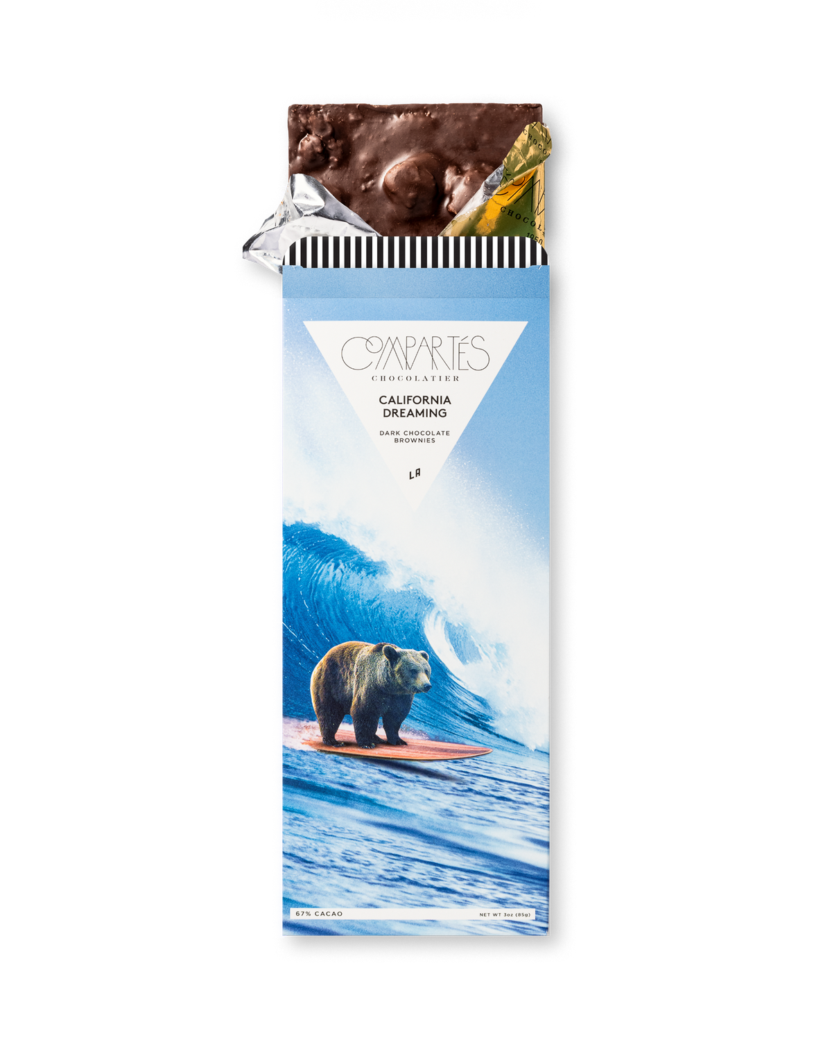 Compartes gourmet chocolate brownies bar gift, dark chocolate in a surfing bear and blue wave wrapper