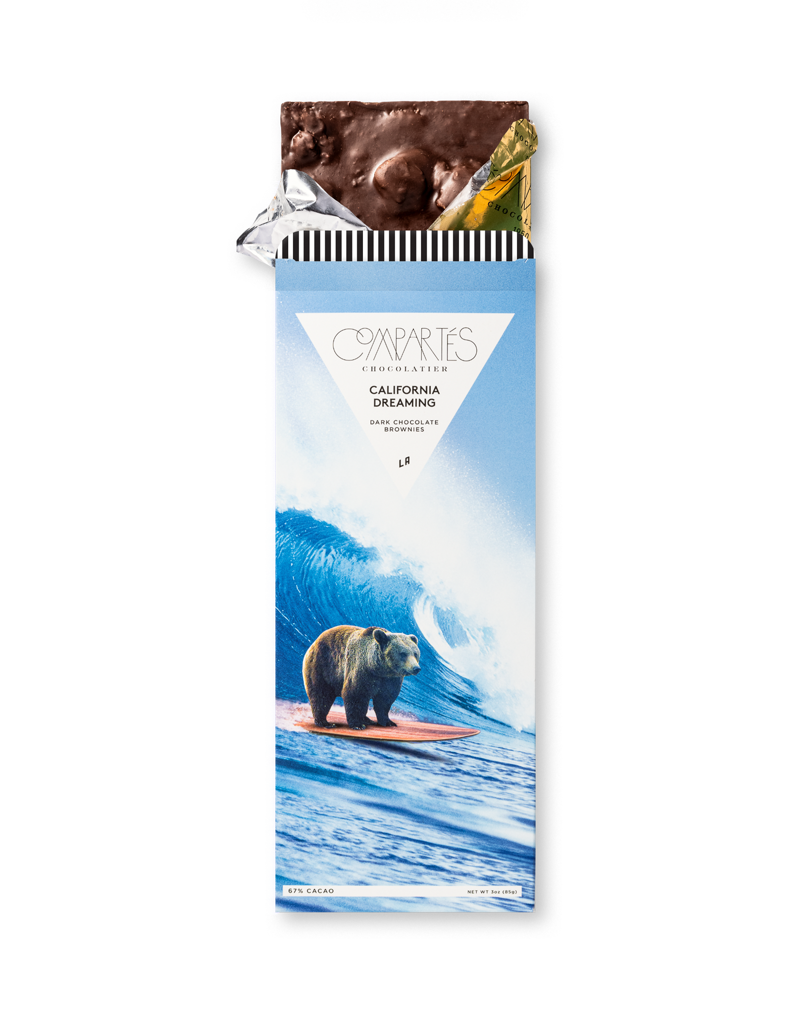 Compartes gourmet chocolate brownies bar gift, dark chocolate in a surfing bear and blue wave wrapper
