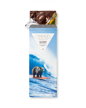 Compartes gourmet chocolate brownies bar gift, dark chocolate in a surfing bear and blue wave wrapper