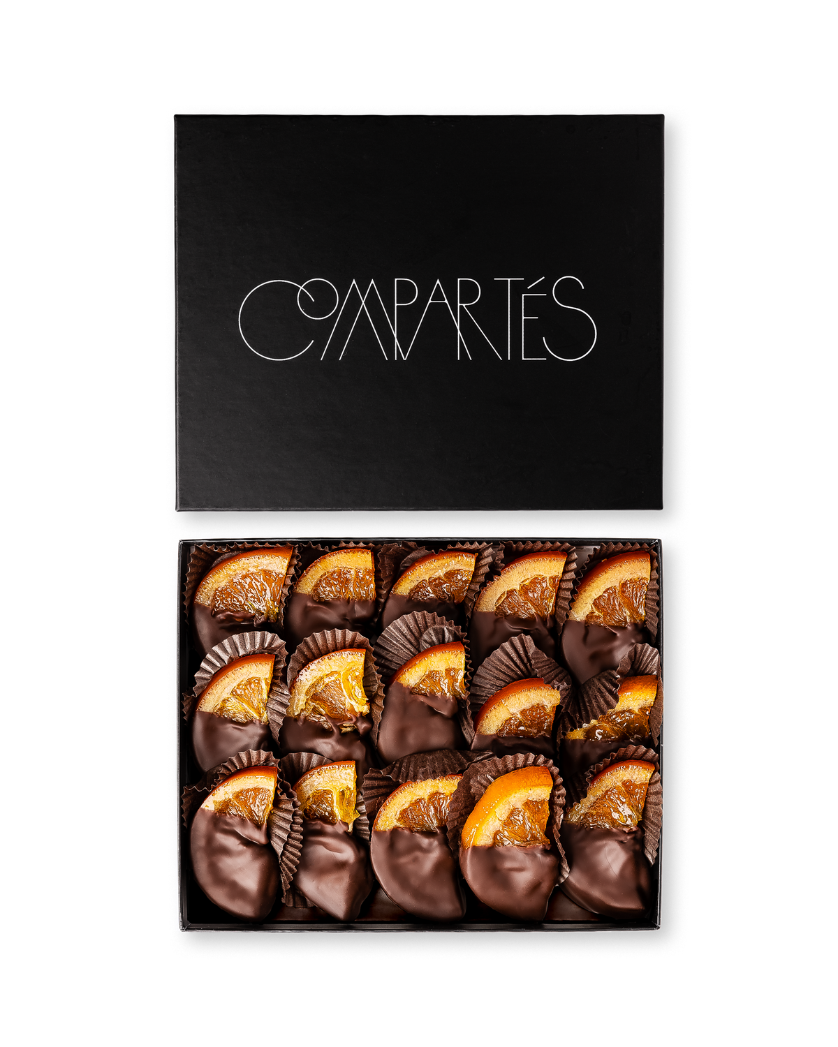 Compartes gourmet chocolate gift box, dark chocolate dipped candied orange slices in a black box