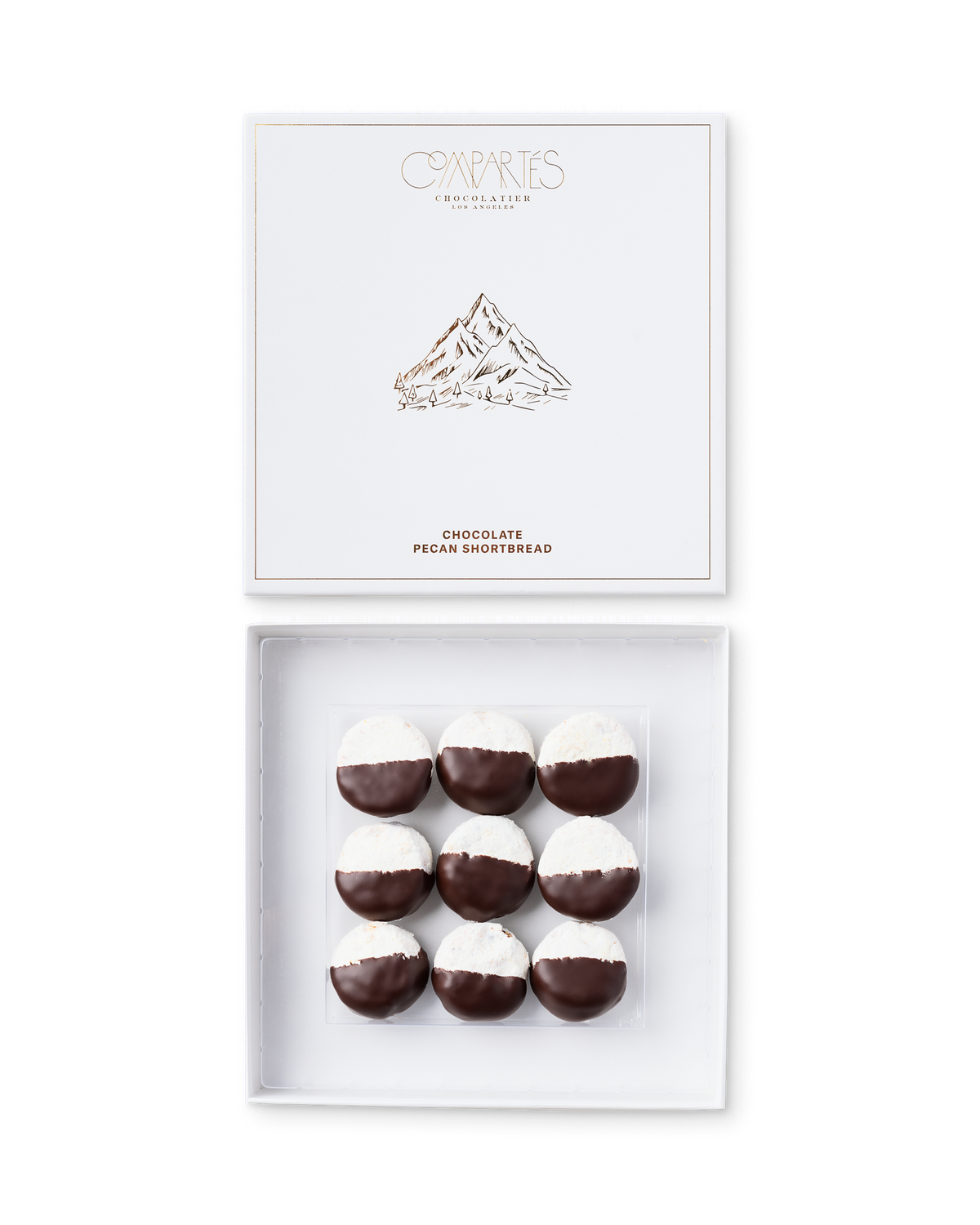 Compartes gourmet chocolate pecan shortbread cookies half dipped in dark chocolate, white gift box