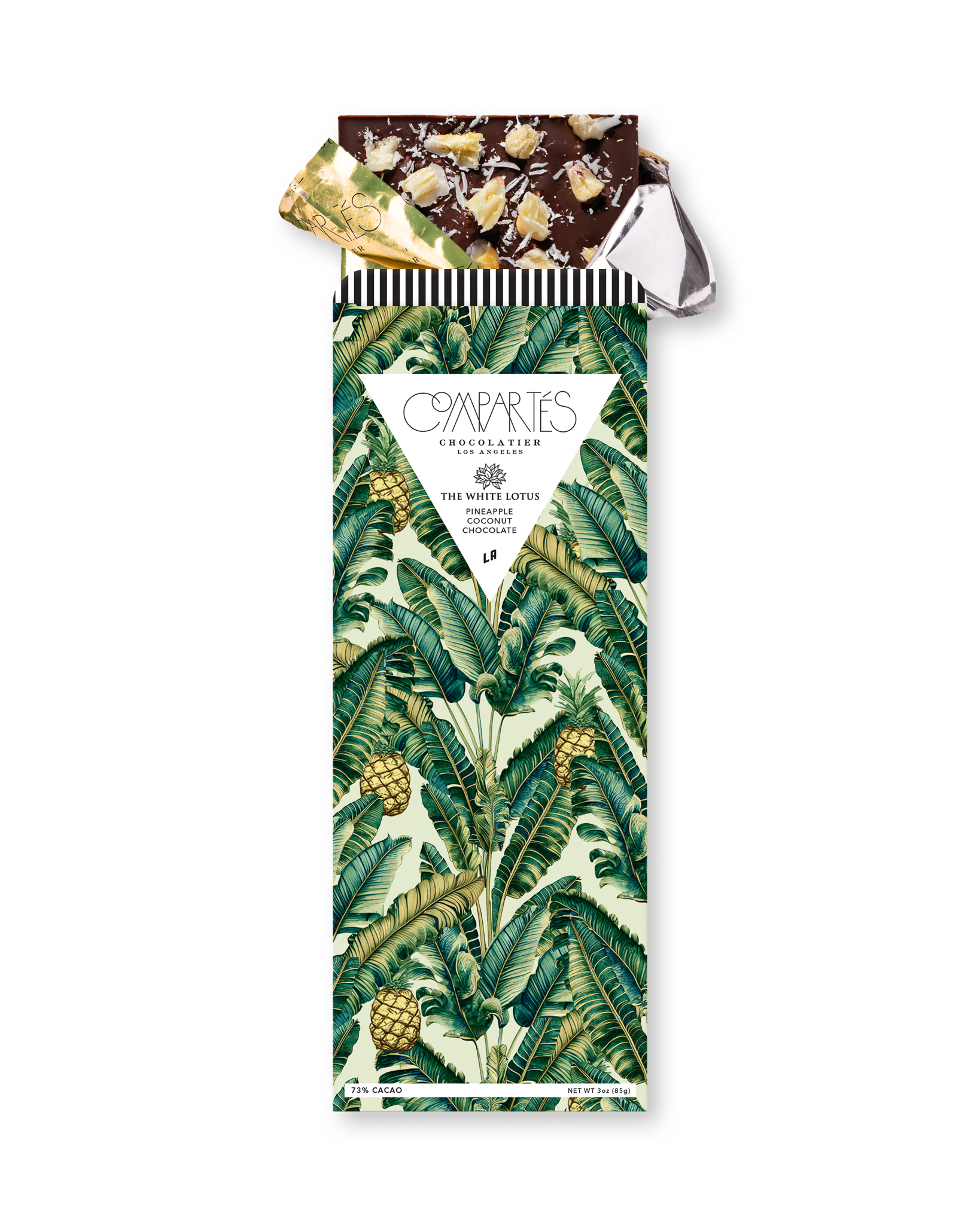 Compartes gourmet the White Lotus chocolate gift bar, pineapple and palm wrapper, pineapple coconut
