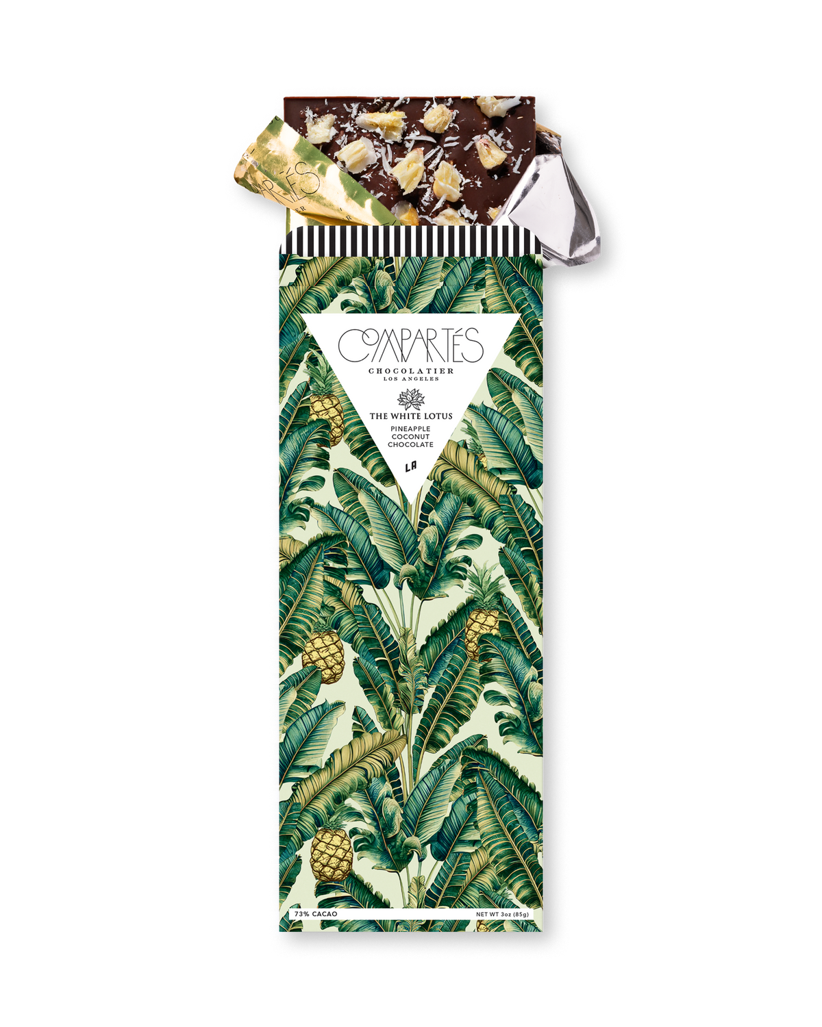 Compartes gourmet the White Lotus chocolate gift bar, pineapple and palm wrapper, pineapple coconut
