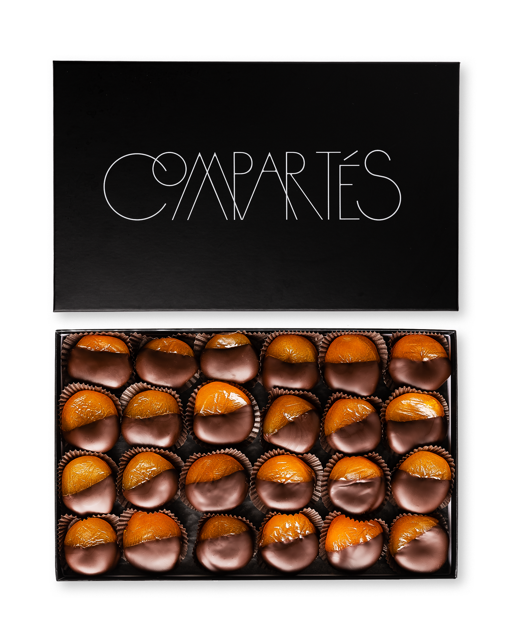 Compartes gourmet dark chocolate covered apricots in a black gift box, whole apricots dipped in chocolate