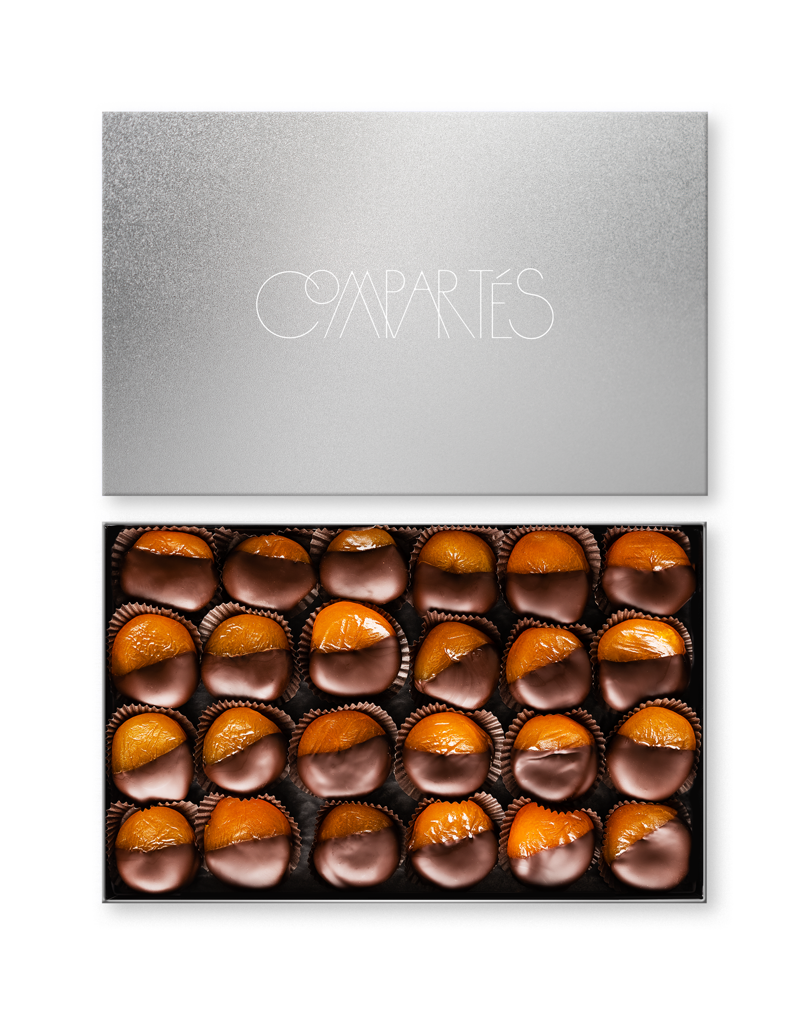 Compartes gourmet dark chocolate dipped apricots gift box, amber fruit in rows under a silver lid