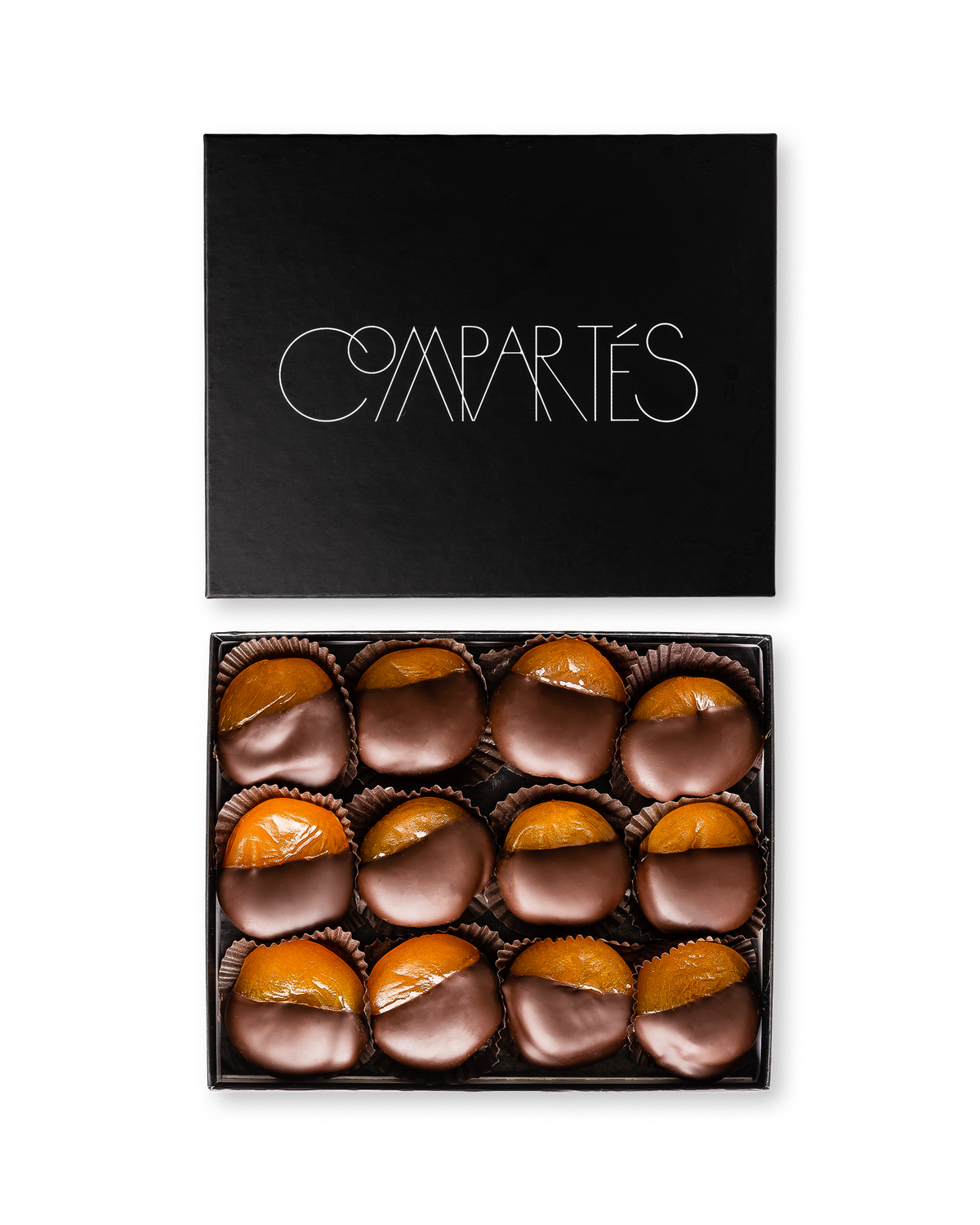 Compartes gourmet dark chocolate covered apricots gift box, apricot halves dipped in dark chocolate