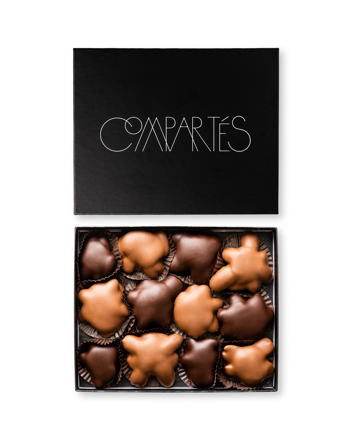 Compartes gourmet chocolate caramel bear claws gift box, dark and milk chocolate clusters, pecan and almond