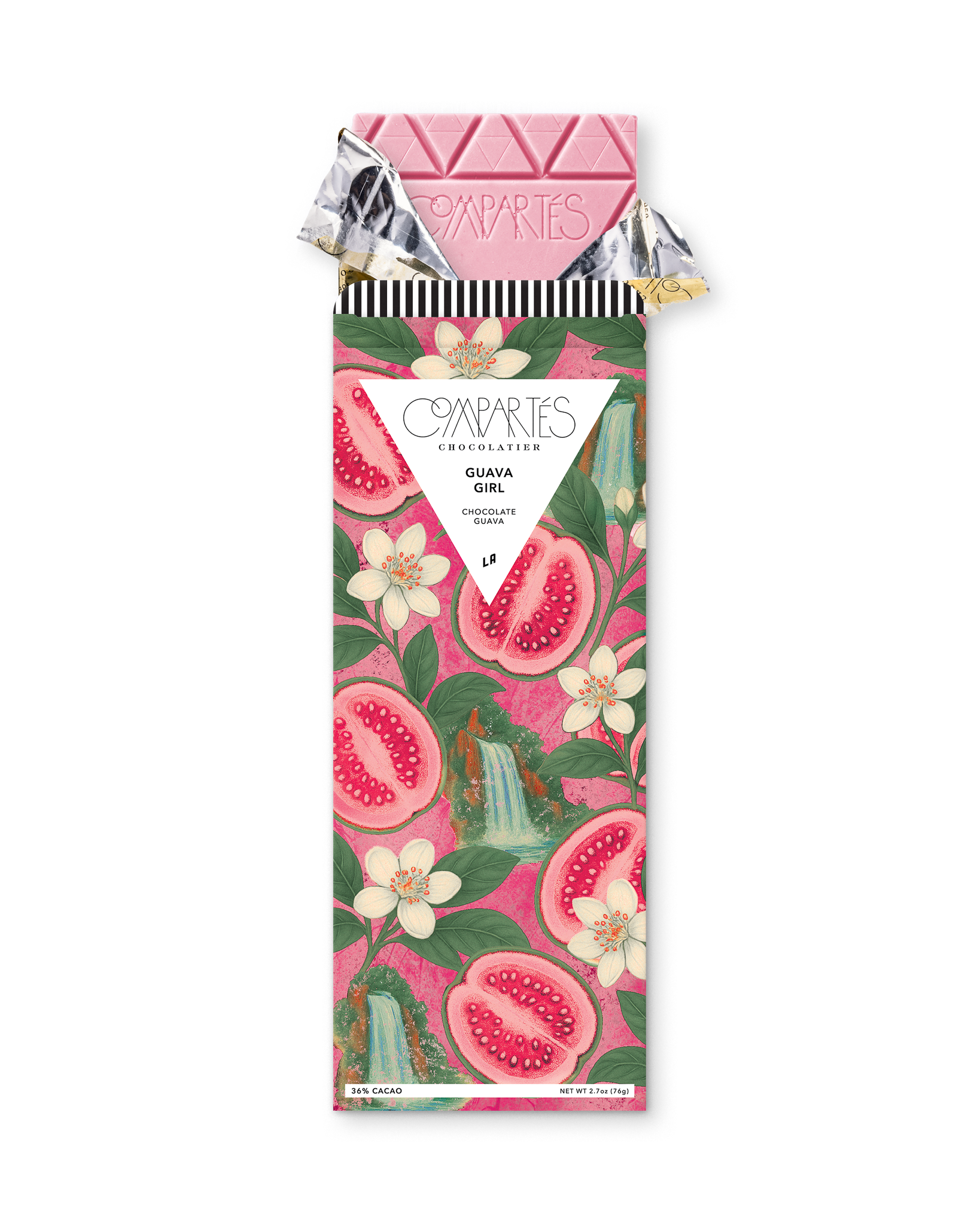 Compartes luxury guava chocolate bar gift, pink chocolate in a guava and blossom wrapper