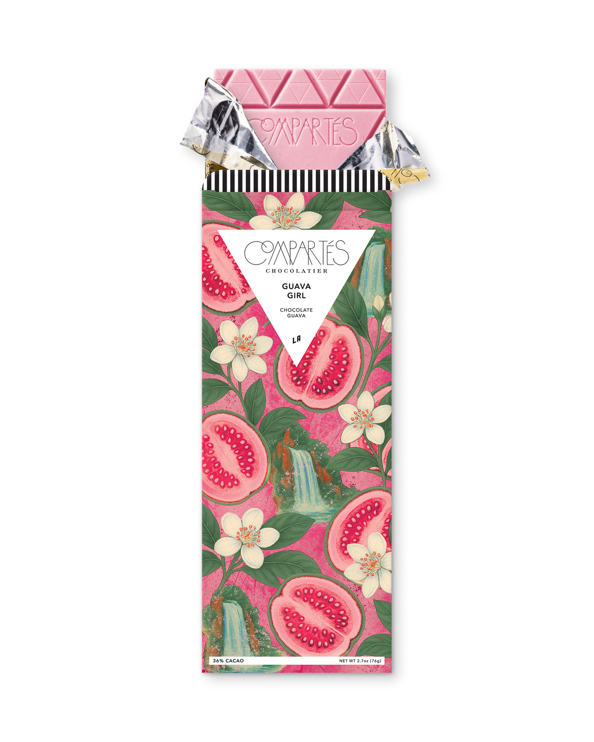 Compartes luxury guava chocolate bar gift, pink chocolate in a guava and blossom wrapper