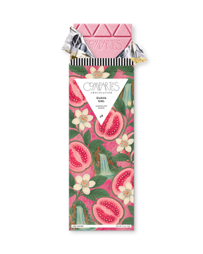 Compartes luxury guava chocolate bar gift, pink chocolate in a guava and blossom wrapper