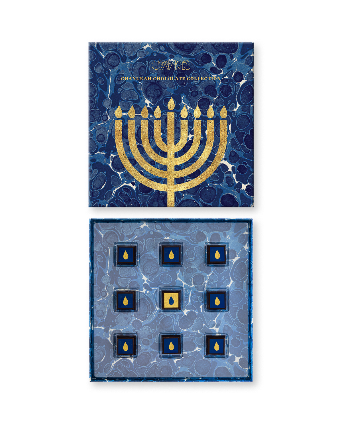 Compartes luxury Hanukkah chocolate gift box, blue marbled lid with a gold menorah, chocolates with gold flames