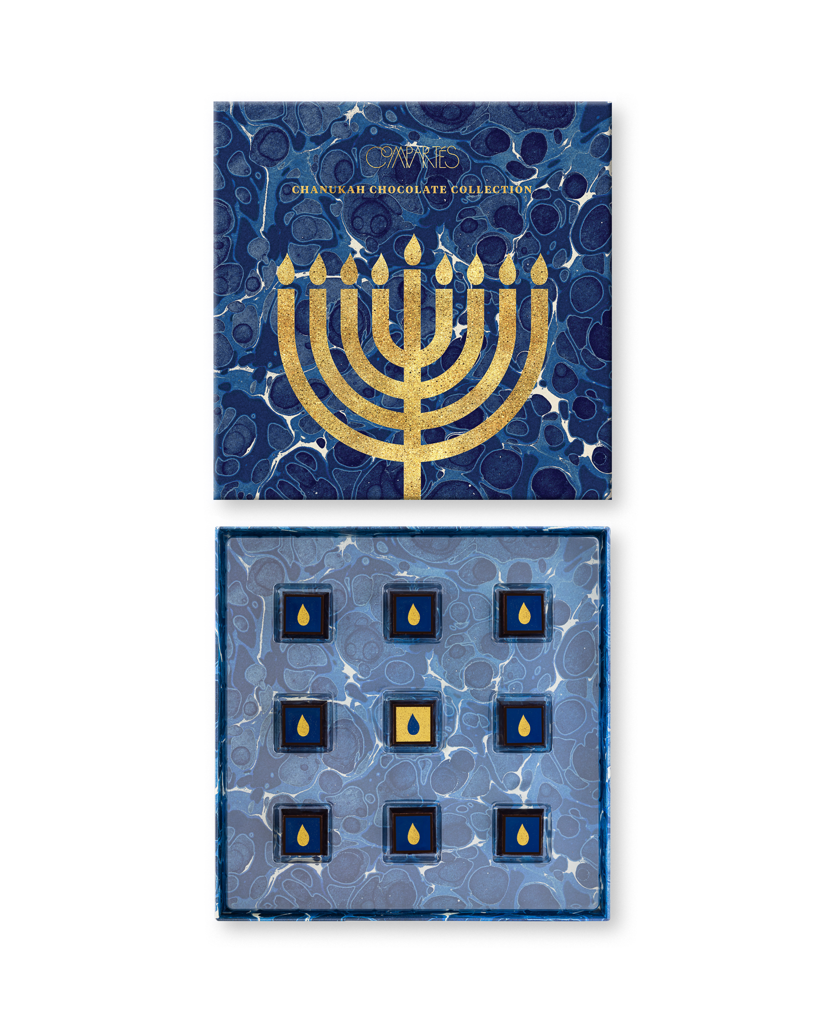 Compartes luxury Hanukkah chocolate gift box, blue marbled lid with a gold menorah, chocolates with gold flames