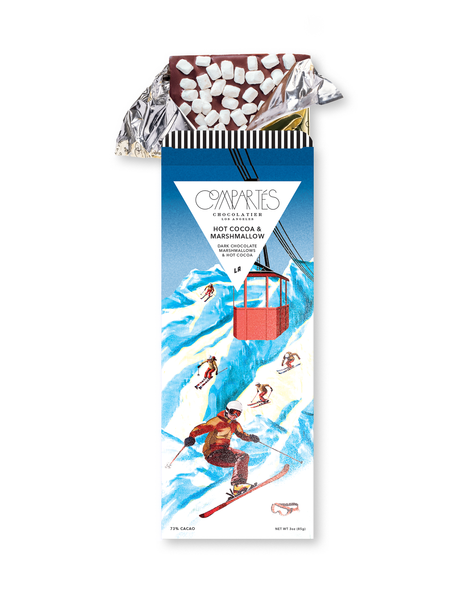 Compartes best chocolate gift bar, dark chocolate topped with marshmallows in a blue ski slope wrapper