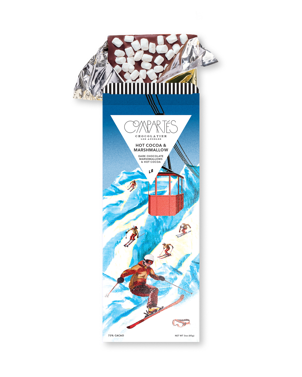 Compartes best chocolate gift bar, dark chocolate topped with marshmallows in a blue ski slope wrapper