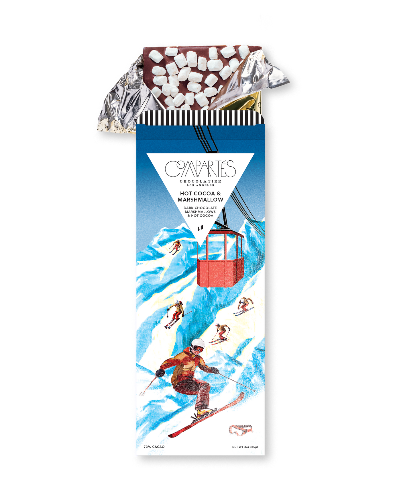 Compartes best chocolate gift bar, dark chocolate topped with marshmallows in a blue ski slope wrapper