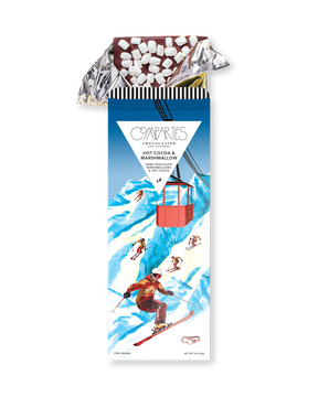 Compartes best chocolate gift bar, dark chocolate topped with marshmallows in a blue ski slope wrapper