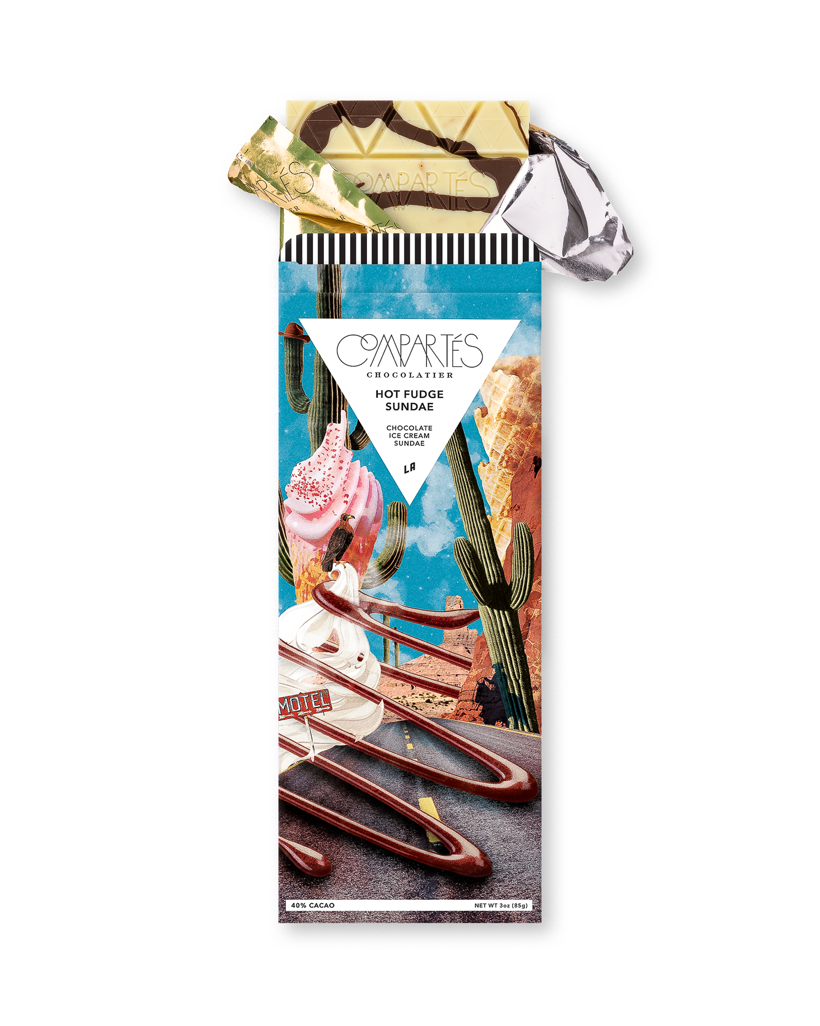 Compartes best hot fudge sundae chocolate gift bar, desert and ice cream wrapper, white chocolate, vanilla and waffle cone